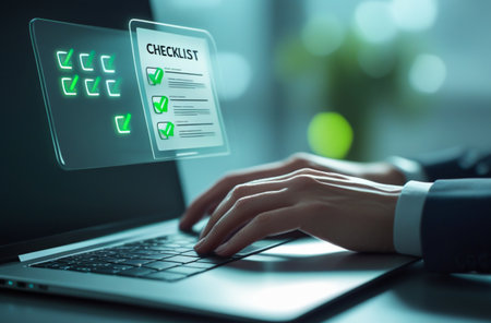Close-up of hands on a laptop keyboard, with a futuristic digital interface hovering above, showing data and icons.の素材