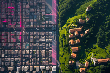 An aerial view starkly contrasts dense urban development with a vibrant, tree-covered hillside dotted with houses.の素材