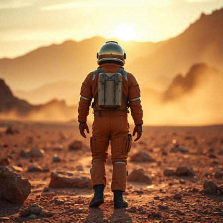 A lone astronaut in an orange suit stands on the rocky surface of Mars, gazing at a hazy, sunlit horizon with mountains in the distance.の素材