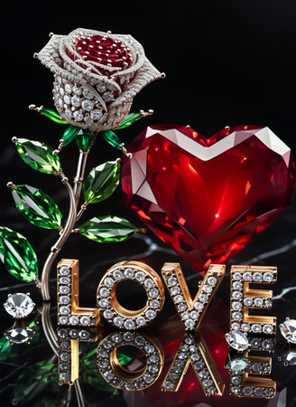 An exquisite sculpture symbolizing love, featuring a rose adorned with diamonds and a vibrant ruby heart. Perfect for romantic occasions and elegant decor.の素材