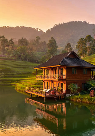A picturesque wooden house with warm lights sits peacefully on a calm lake, reflecting the stunning sunset hues over rolling hills and tea plantations. A serene nature escape.の素材