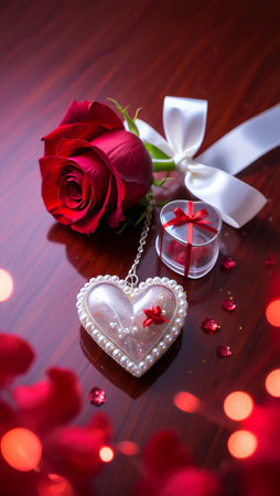 A close-up view of a deep red rose adorned with a silver ribbon and a heart-shaped charm, surrounded by soft, bokeh lights, evoking a sense of love and celebration.の素材