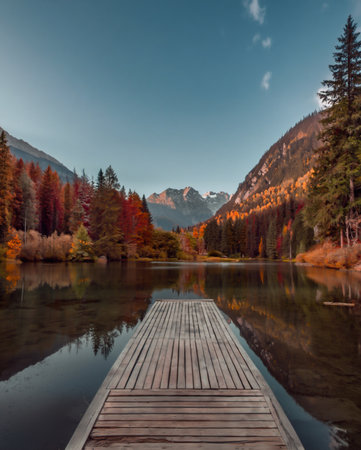 A picturesque wooden dock extends into a tranquil lake, framed by vibrant autumn trees and majestic mountains under a clear blue sky, evoking peace and natural beauty.の素材