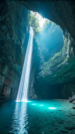 Experience the otherworldly beauty of a hidden cave, where a powerful waterfall plunges into a radiant turquoise pool, illuminated by ethereal shafts of light piercing the cavern ceiling.の素材