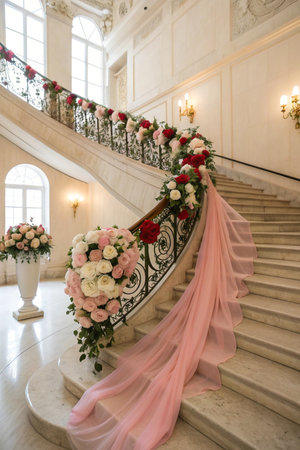 A beautifully adorned grand staircase, bathed in soft ambient light, features cascading floral arrangements and flowing pink drapes, creating a luxurious and inviting atmosphere for celebrations.の素材