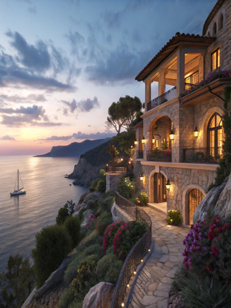 Experience breathtaking sunset views from a stunning villa dramatically situated on rugged coastal cliffs. A sailboat glides on the tranquil sea, complementing the idyllic, luxurious setting.の素材