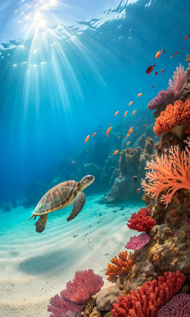 Vibrant coral reef teeming with life bathed in golden sunbeams. A majestic sea turtle glides through the clear turquoise water, creating a breathtaking and serene aquatic vista.の素材