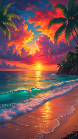 Experience the awe-inspiring beauty of a tropical beach at sunset. The sky explodes with color as palm trees frame a stunning ocean view, with gentle waves lapping the shore.の素材