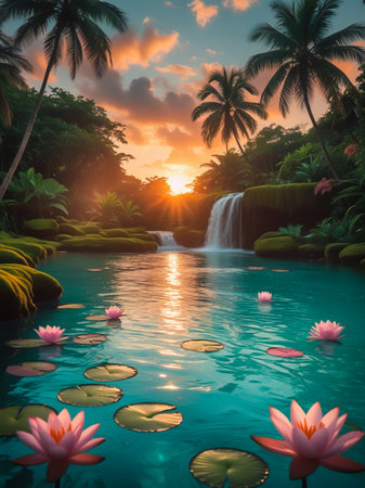 Experience a serene tropical paradise at sunset. Crystal clear turquoise water, vibrant water lilies, and majestic palm trees create a tranquil and enchanting natural landscape.の素材
