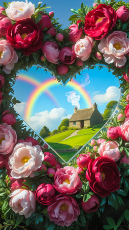 A stunning heart-shaped frame of lush, colorful roses surrounds a dreamy scene with a bright rainbow arches over a green meadow and distant hills under a clear blue sky.の素材