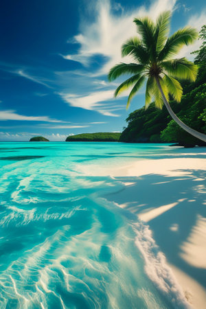Immerse yourself in a stunning tropical paradise. Crystal clear turquoise waters lap onto a pristine sandy beach beneath a vibrant blue sky with fluffy clouds and a swaying palm tree.の素材
