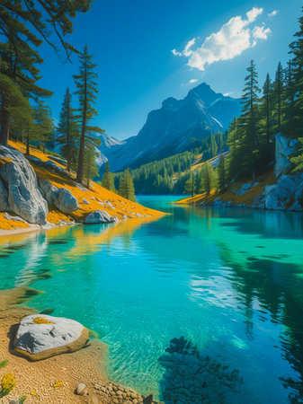 Immerse yourself in the stunning beauty of this vibrant landscape. A crystal-clear turquoise lake mirrors towering mountains and lush green trees under a bright blue sky with fluffy clouds.の素材