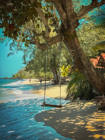 An idyllic beach scene features a swing hanging from a large tree overlooking clear turquoise water. Lush tropical foliage surrounds the tranquil setting, evoking relaxation and escape.の素材