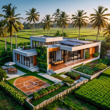 Experience ultimate relaxation in this stunning modern villa nestled amidst vibrant tropical landscapes. Features include large windows, a private court, and serene rice paddy views for a peaceful escape.の素材