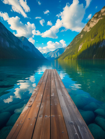 Experience the grandeur of nature with this stunning wide-angle perspective from a wooden pier. Crystal clear lake waters reflect a vibrant sky with fluffy clouds, framed by majestic mountains.の素材
