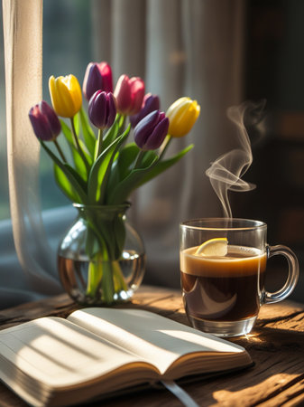 Experience a cozy moment with this warm toned still life. A vibrant bouquet of tulips sits beside an open book and a steaming glass of hot beverage, bathed in gentle window light.の素材