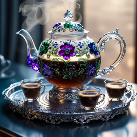 A meticulously crafted ornate glass teapot, adorned with vibrant floral patterns, steams invitingly. It sits on a decorative silver tray alongside three small cups of dark coffee, ready for a refined tea experience.の素材