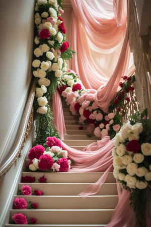 A majestic staircase is transformed into a breathtaking spectacle with opulent floral garlands and soft, cascading drapes creating an atmosphere of romance and grandeur.の素材
