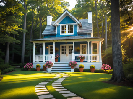 A picturesque blue cottage with white trim sits amidst a vibrant forest. Sunlight streams through the trees, illuminating a stone pathway leading to the inviting porch.の素材