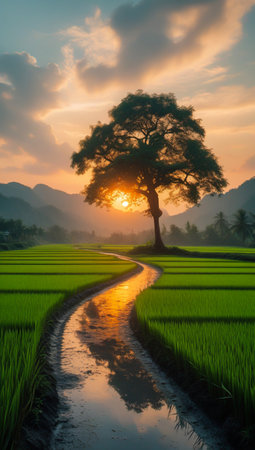 Experience the tranquil beauty of a rural landscape at dawn. A solitary tree stands tall against a vibrant sky, with a winding stream mirroring the golden sunrise over verdant rice fields.の素材