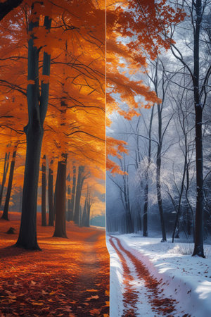 A striking split image showcases the vibrant beauty of an autumn forest with warm orange foliage against the stark, cool tones of a snow-covered winter woodland path.の素材