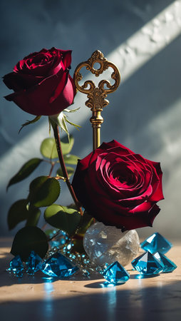 A captivating still life featuring two deep red roses intertwined with a decorative golden key. Scattered blue and clear accents add sparkle to this visually striking arrangement.の素材
