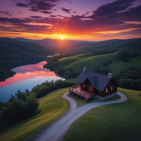 An breathtaking aerial perspective captures a cozy cabin nestled on a hillside, bathed in the warm glow of a vibrant sunset illuminating a winding river below.の素材