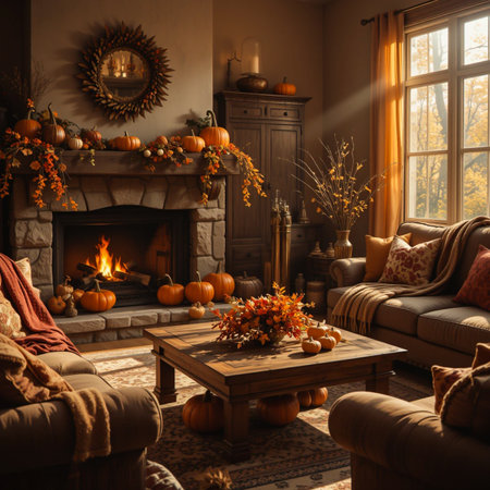 A warm and inviting autumn living room scene. A crackling fireplace is adorned with fall decorations including pumpkins and a wreath, creating a cozy atmosphere.の素材