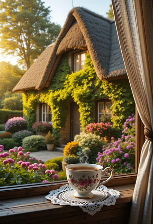 A picturesque scene of a charming cottage bathed in golden sunrise light, with a delicate teacup resting on a windowsill, offering a tranquil view of a vibrant, blooming garden.の素材