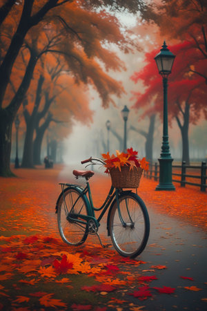 A beautiful vintage bicycle with a woven basket brimming with colorful flowers sits amidst fallen autumn leaves in a serene park setting, evoking a sense of nostalgia and seasonal beauty.の素材