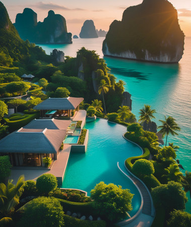 An ultrarealistic aerial perspective captures a luxurious tropical resort nestled amidst lush greenery, featuring an inviting infinity pool and crystal-clear turquoise waters meeting dramatic limestone karsts.の素材