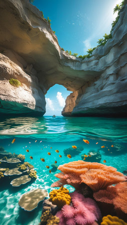 An awe-inspiring split-level perspective revealing the vibrant underwater realm of a tropical cave, with sunlight illuminating the clear turquoise waters and colorful coral reefs.の素材