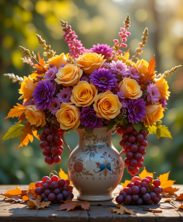 A beautiful still life showcasing a colorful bouquet of roses and other flowers, complemented by bunches of grapes and scattered autumn leaves, arranged in a decorative vase on a wooden surface.の素材