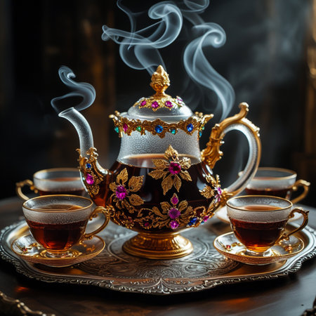 A richly decorated glass teapot, emitting fragrant steam, sits majestically with two matching cups and saucers, presenting an elegant and luxurious tea experience.の素材