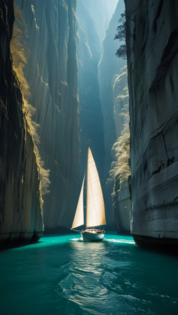 A breathtaking scene unfolds as a majestic sailboat, with its brilliant white sails catching the light, glides through a narrow canyon. Sunlight streams down, illuminating the vibrant turquoise water and casting ethereal reflections.の素材