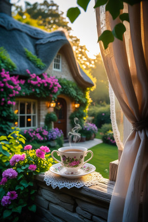 Sunlight streams through lush greenery onto a quaint English cottage. A delicate teacup sits on a windowsill, bathed in warm golden light, evoking a sense of peaceful retreat.の素材