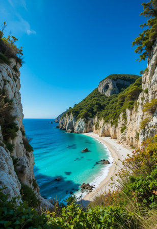 A breathtaking view of a secluded beach nestled between dramatic cliffs. Crystal-clear turquoise waters lap gently onto a sandy shore, framed by vibrant green foliage under a brilliant blue sky.の素材