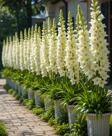 A beautiful row of tall, creamy white flower spikes stands proudly in silver pots, lining a charming cobblestone garden path, creating an elegant floral display.の素材