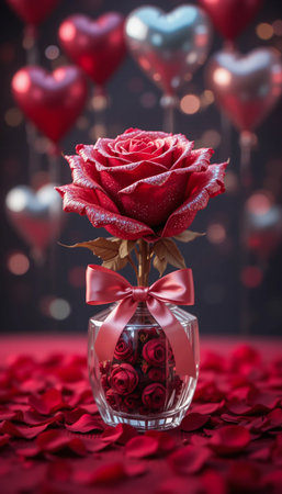 A single, deep red rose with a satin ribbon sits in a glass vase, showered in rose petals. Heart-shaped balloons float above, creating a romantic atmosphere perfect for love.の素材