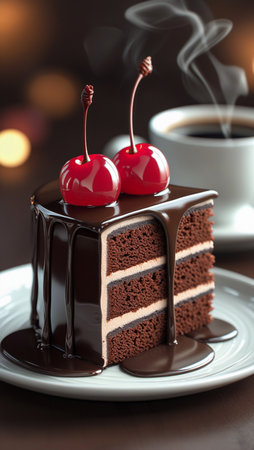 Indulge in a luxurious slice of moist chocolate cake layered with creamy frosting, topped with bright maraschino cherries. Steam rises from a nearby cup of coffee, promising a delightful experience.の素材