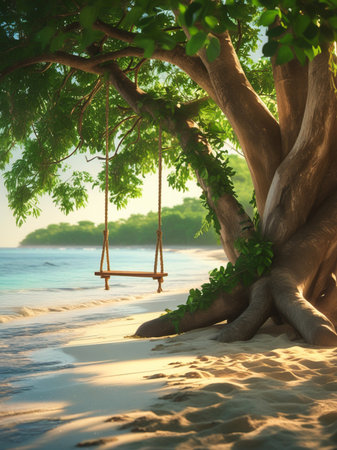 A peaceful tropical beach with gentle waves lapping the shore. A rustic swing hangs from a large tree, bathed in warm dappled sunlight creating a tranquil and inviting atmosphere.の素材