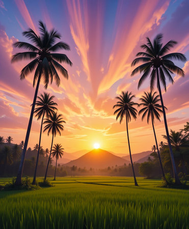A breathtaking sunset paints the sky with fiery hues of orange pink and purple. Silhouetted palm trees stand tall against the dramatic clouds, overlooking a serene green landscape.の素材