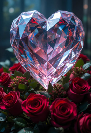 A stunning crystal heart-shaped jewel rests atop a bed of deep red roses. Its facets capture and refract light, creating a dazzling display of color, embodying romance and precious affection.の素材