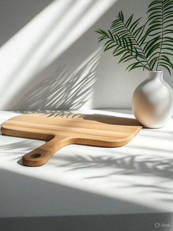 Wooden cutting board with handle and vase with plant on white surfaceの素材
