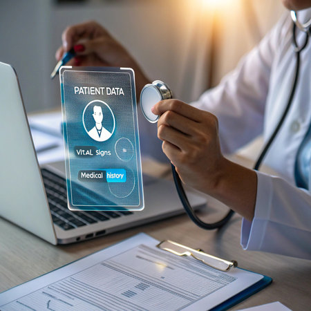 Doctor uses digital health record on futuristic transparent screenの素材