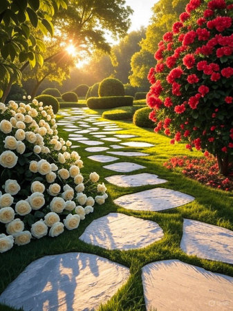 Sunny garden path lined with white flowers and red bushの素材