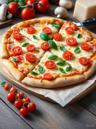 Delicious margherita pizza with fresh tomatoes and basil on wooden tableの素材