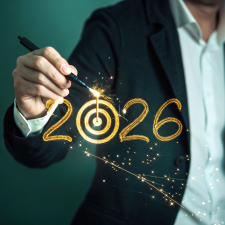 Businessman writing the year 2026 with a target symbol and sparksの素材