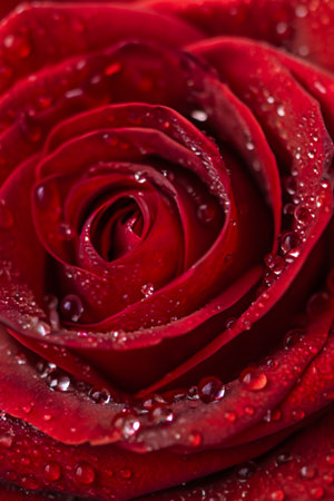 Close up of a deep red rose with water dropletsの素材