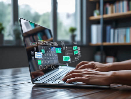 Person typing on laptop with futuristic digital interface overlayの素材